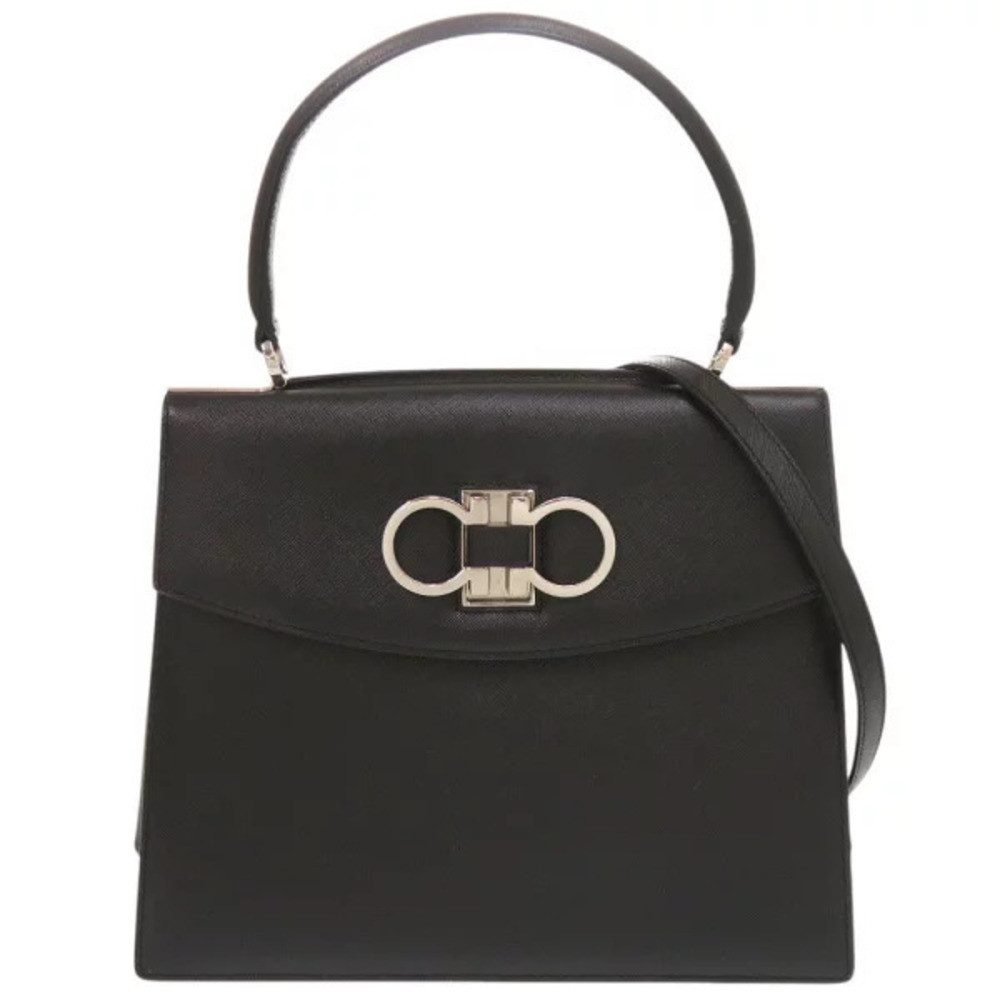 Salvatore Ferragamo Double Gancini Leather Black 2way Shoulder Bag
